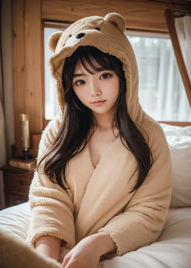 (Realistic, photo-Realistic:1.37),(8k, RAW Photos, Highest quality, masterpiece:1.2), cute, Ultra-detailed, 超High resolution, Kodak Vision Color, Filmed with an Arricam LT camera,Highest quality, Lively, 8K, High resolution, 1 girl, Escape, (Professional Lighting), (Portraiture:0.6), Black Hair, (Medium Hair),21 years old、slender、Em1lyW1ll1sV2-130, (Age 25), Long Hair, Modern photography, wear (bear costume), (Portraiture), cuteクマのワンジーパジャマ, Super soft light brown plush fabric, debtわdebtわフード, cuteクマの頭巾, (35mm, debt/2.8) Photo , Aperture, Highly detailed and exquisite, character, Hypermaximalist, beautiful, reveal, Charm, Charm, Affectionate, Ultra-realistic, Very detailed, beautiful woman, ((Fine grain)), Long eyelashes, (Glossy Lips), in the her bed room,