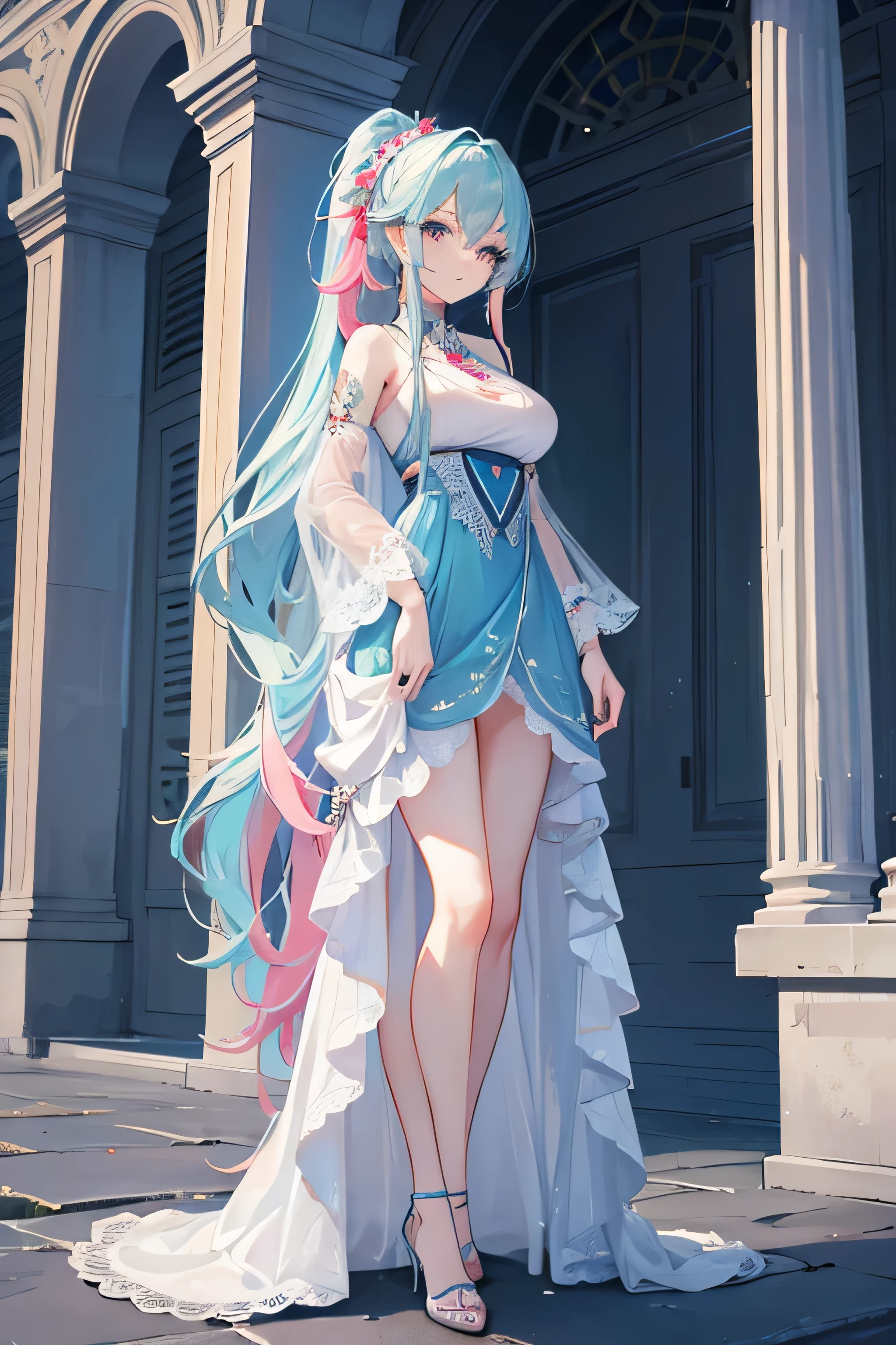 full body, masterpiece, 8k, ultra HD, sharp focus, details hair, beautiful hair, details face, beautiful detail eye, details pupil, perfect hand, vibrant colours, soft lighting.
1girl, long hair, ponytail, light blue-pink hair, dark green eyes, large breast, long dress, beautiful dress, high heels.
in temple, standing, beside pillar, raining, nice clouds