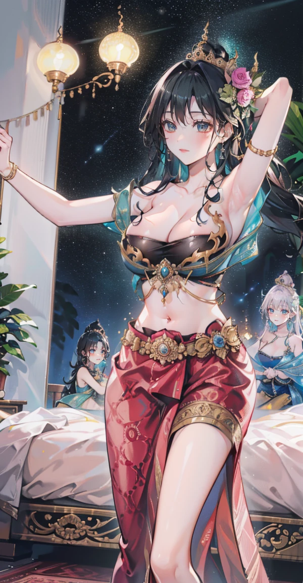 Group of 5 princesses,(5 young women,many young women), (in the bedroom), Various hair styles, harem, Wearing a strapless traditional Thai dress., nighttime, detailed face, big breasts,Breast curtain, short skirt, mule, Sleeveless , Show your armpits, nighttime, starry nighttime,(((large areolae:1.4,pink,The nipples are clearly visible...))), Highest quality、Highest picture quality、Masterpiece,Navel drive,dance,dance