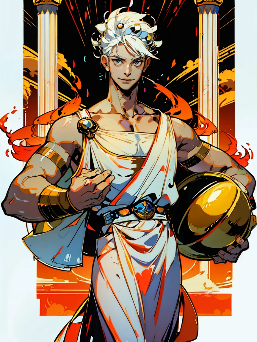 1boy, alone, 25 years old, young, white hair, blue eyes, insister sur les reflets des yeux bleus, cheveux blancs, mid lenght hair, bowl haircut, bowl hair cut, boss, formal business outfit, white outfit, white clothes, raising an eyebrow, smiling, hades style, hades game, Jen zee style, greek themed image, greek background, hypnos, tartarus scenery, fumes, greek columns in background, lots of columns, greek architecture, white themed image, white furniture, orange touches of color, orange walls, looking at viewer, holding a balance, libra inspiration, fairy tail Libra character design, libra clothes, libra accessories, hades game wiki obols, hades, game, obols