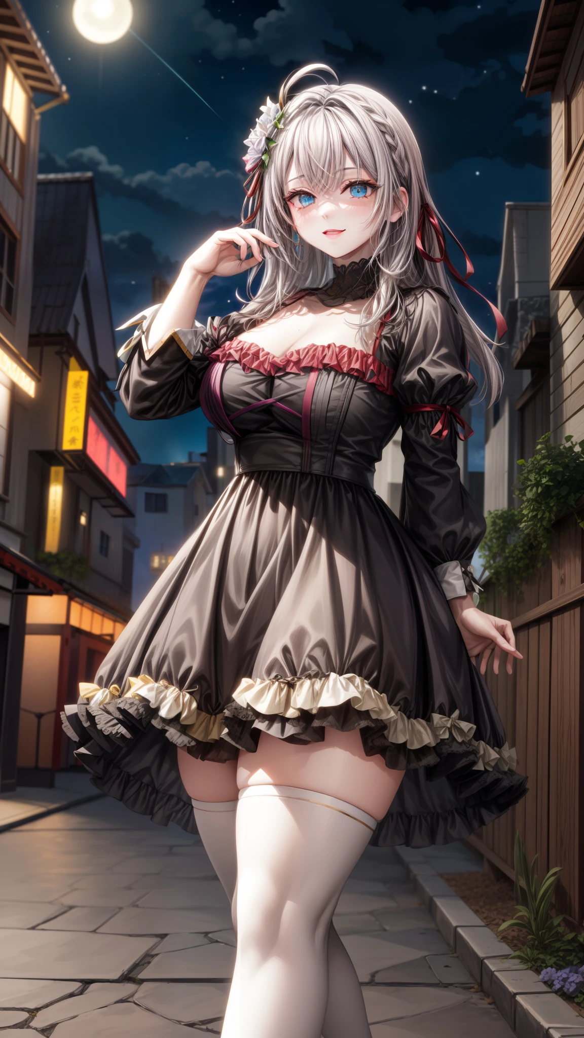 Alisa Kujou,
(night:1.7), 1 girl standing at attention, 22 years,hembra joven,hermoso Finger, hermoso long legs ,hermoso body ,hermoso Nose ,hermoso character design, ojos perfectos, perfect rostro,
There is an anime girl., 1 chica, muslos, solo, (falda muy corta:1.4), blue eyes, senos, vestido negro ,elegante , medias largas (vestido corto) , escote, arco, mano en la cadera, rubor, black muslos, arcotie, adentro, calzado marron, zettai ryouiki, mocasines, zapatos, large senos, mirando al espectador, toma media distacia, toma de cercana boca abierta, thighs,
mirando al espectador, sonrisa, saludando al espectador, en el centro de la imagen, Fondo de pantalla CG unity 8k extremadamente detallado, Perfect lighting,vistoso, Brillante_frente_rostro_Lightinasterpiece:1.0),(mejor_calidad:1.0), ultra high resolution,4k,ultra detallado,
Photography, 8k, hdr, high resolution, absurdos:1.2, codas portra 400, film grain, fondo borroso, bokeh:1.2, Destello de lente, (vibrante_color:1.2)
, (hermoso_rostro:1.5),(angosto_cintura), (hermoso,Enorme_senos:1.3)
