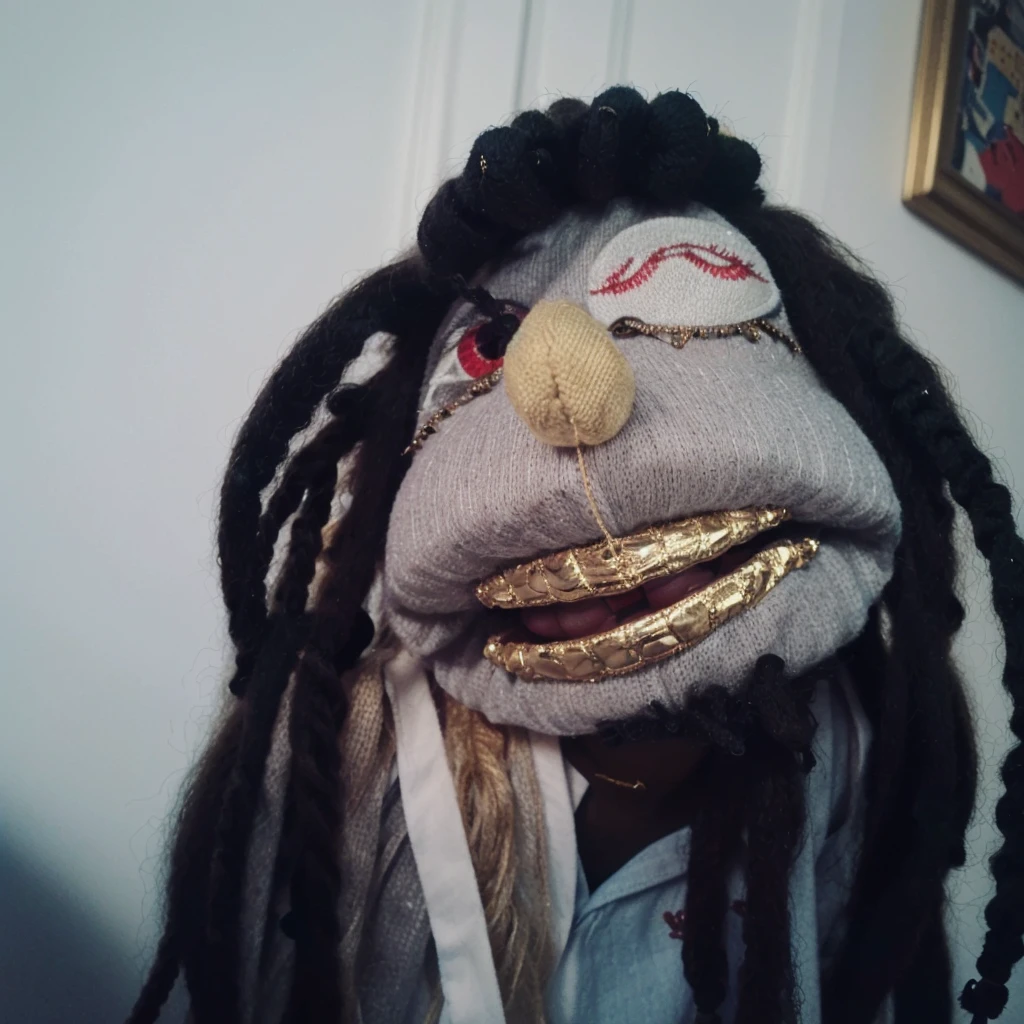 a close up of a cute sock puppet with dreadlocks, realistic cloth puppet, string puppet, wearing diamond gold grills on his teeth, he is smoking a blunt, his eyes are low and red because he is high, highley detailled face