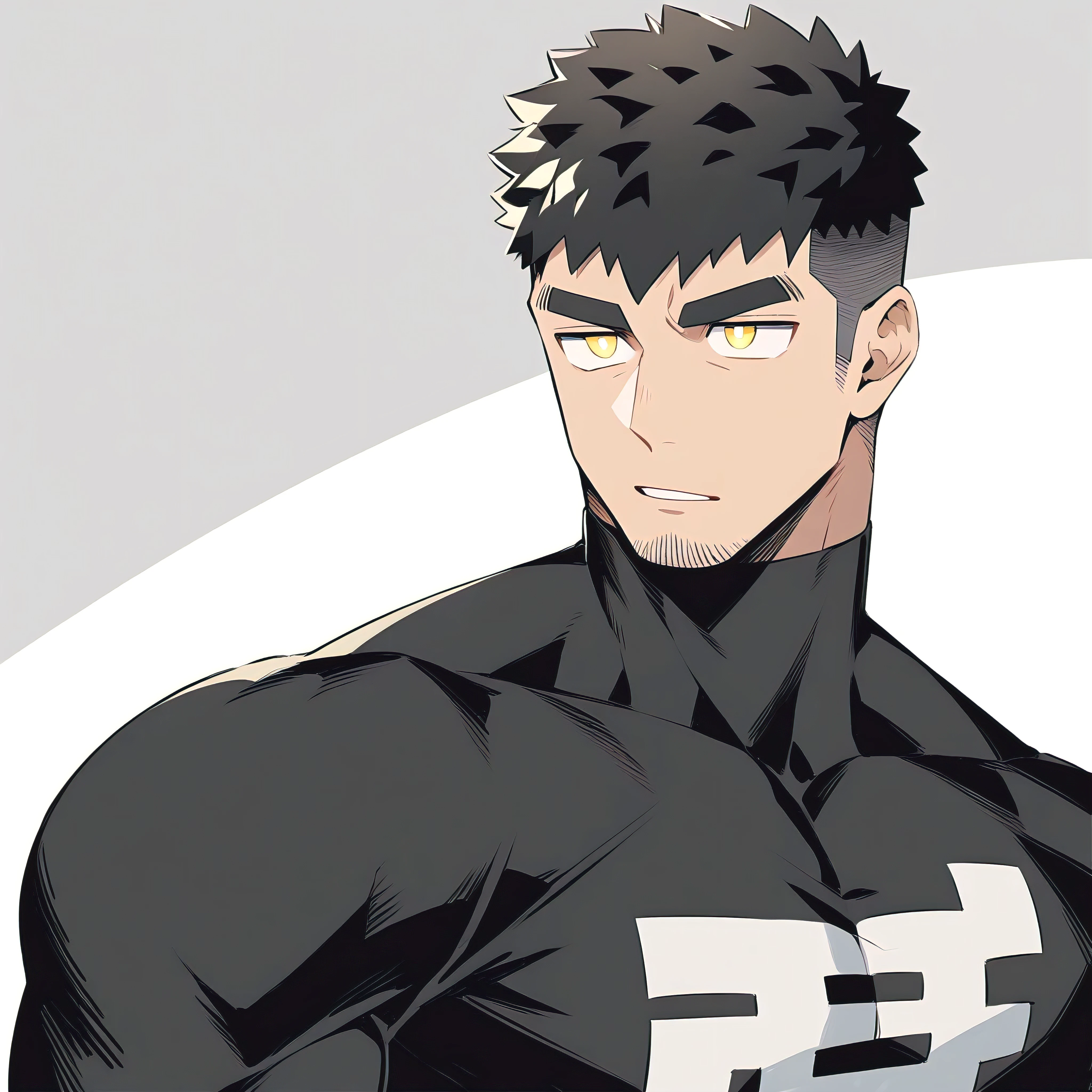 one negro, anime characters：Gyee, Hibino Kafka, One Muscle Sports Student, negro black skin, Very Black, muscular tough guy, Manliness, male focus, Grey long sleeve turtleneck tight t-shirt, Regular symmetrical pattern, Very tight, muscular male, muscular, only, Upper body, alone, Black short hair, Thick eyebrows, stubble, Yellow eyes, White background, simple background, amazing quality, best aesthetics, Ridiculous, bright pupils, crew cut, parted lips, v-shaped eyebrows, jitome, best quality