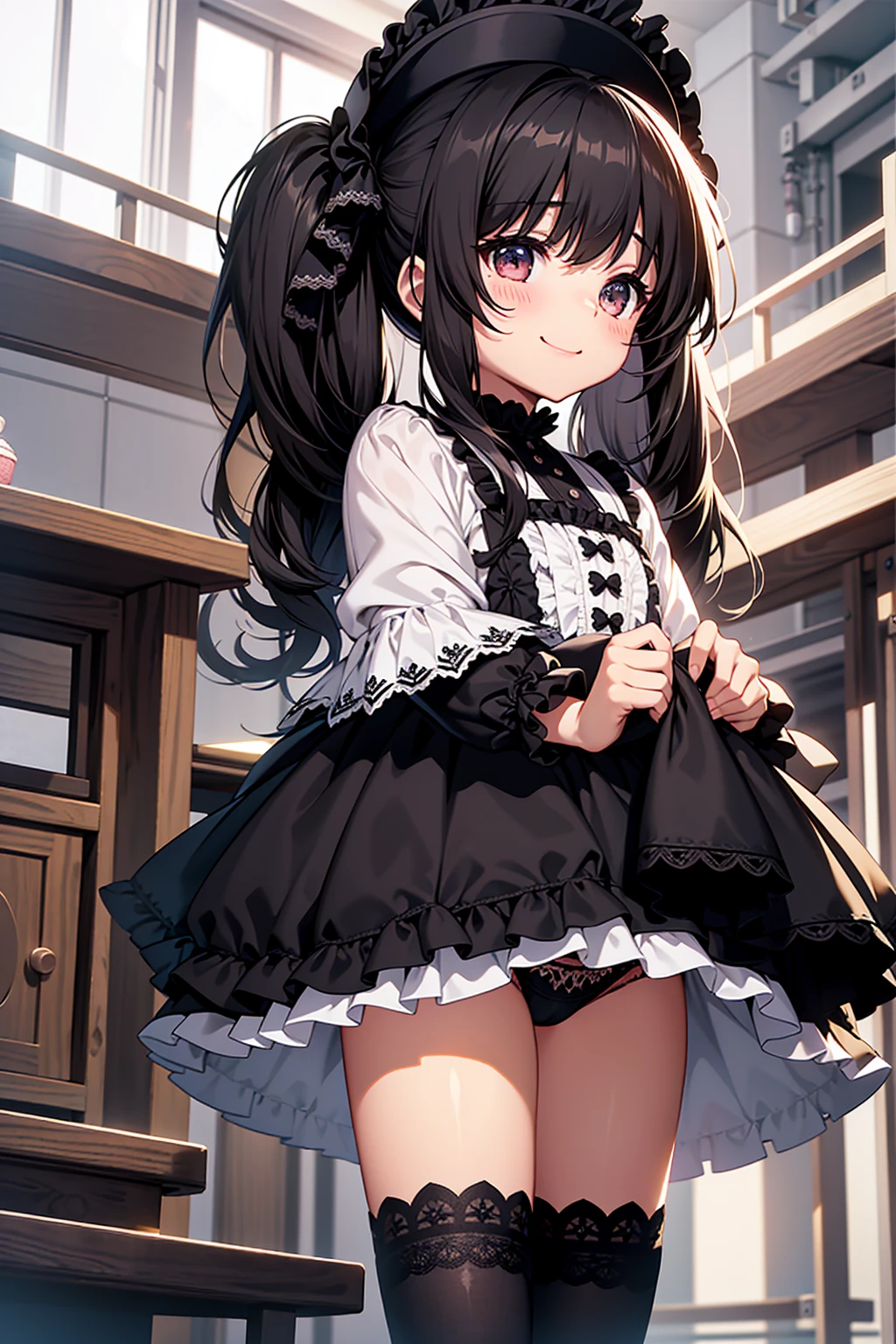Highest quality、Very delicate and beautiful、8-year-old 、Flat Chest,Primary school students、Black-haired、光沢のあるブラックFrillsロングドレス,Gothic ta,(Large lace trimmed panties),Frills,Gothic style,White tights,Royal Family、Twin tails、Laughter、Happy,(((Panties looking up from directly below))),Bear Doll