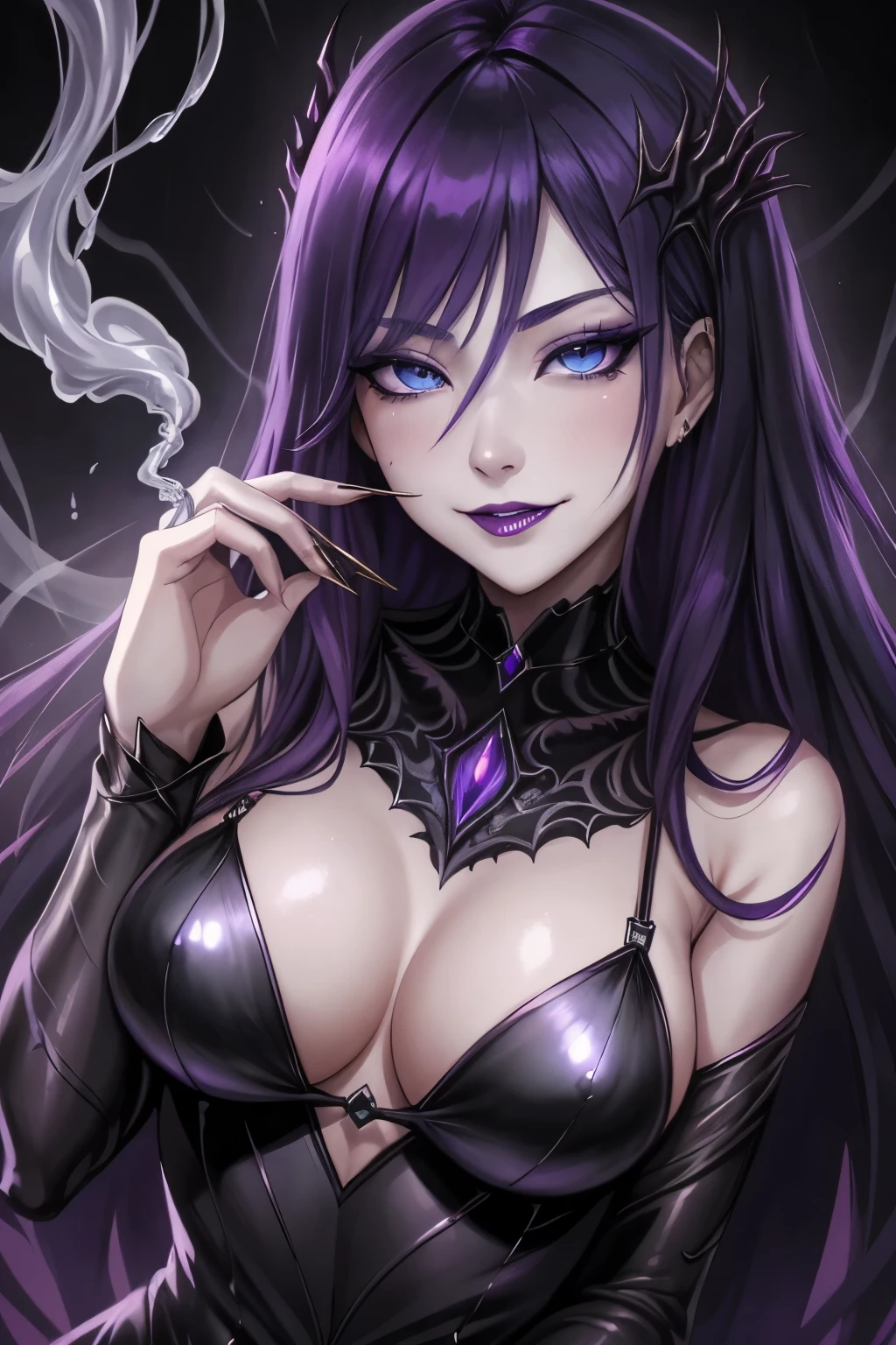 強力なスーパーevil女がクローズアップでポーズをとる, Black Goddess (Bare shoulders), length, Flowing purple hair, View your audience, Highly detailed face, Perfect hands, Blue smoke swirling around her, evil事を愛する, Captivating blue eyes, Dark fantasy, Genuine, Symmetric, High detail, Esoteric arachnids lady, Spider Queen Elise, League of Legends, Esoteric arachnids, Combat Stance, ( The body is made with liquid metallic paints in metallic mauve and metallic black..、It beautifully depicts the female form..。), length, Sharp Fangs, nature, ((Complex metallic colors in the foreground)), (( Fluid Mechanics, The most beautiful smooth scale face makeup, Smirking expression)) - Dark blood, Onyxia、Noir painting of a beautiful young witch, length purple hair, dark purple lips, evil, evil女, smile, Black Prom Dress, She is coming to you, close, Bright Blue Eyes, Surrounded by swirling pink smoke, Genuine, High detail, Highest quality