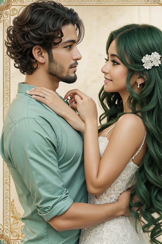Quisiera un dibujo de dos personas que sean pareja, that love is shown in the drawing and that the woman has the following characteristics: 

-has curly hair -is a little plump -is dressed in a flowered dress and heels And in the case of a man who has the following characteristics: 

-sea piel blanca 
-el color de sus ojos que sea verde 

Que se vean enamorados y que sea estilo manga o anime 