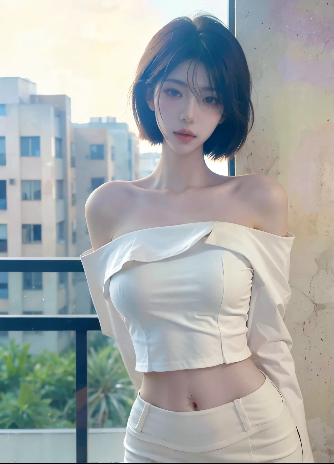 Beautiful woman with perfect figure:1.4,Ultra-high resolution,White background,(lifelike:1.4),Layered Hairstyle,White skin,Bikini:1.5,Super short pleated skirt,whole body,Very delicate face and skin texture,Double eyelids,Skin Whitening,short hair,White hair