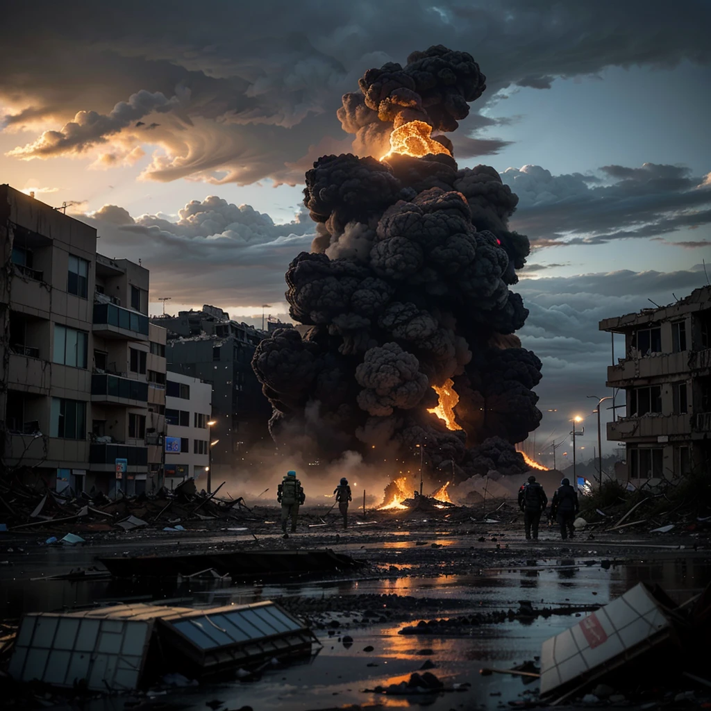 make ultra realistic photo scene set in a future where humanity faces a monumental disaster. The year is 2150, and Earth is struck by an unprecedented cataclysmic event—a series of massive volcanic eruptions that darken the skies with ash, plunging the world into perpetual twilight. The landscape is dominated by towering, ominous volcanic peaks spewing lava and ash into the atmosphere.

In the foreground, depict a group of survivors navigating through a desolate cityscape choked with volcanic debris. Buildings are half-buried under layers of ash, their windows shattered, and streets cracked with molten rock. The air is thick with toxic gases, making every breath a struggle.

Among the survivors, show a diverse group of people: scientists in makeshift hazmat suits monitoring the environment, children clutching their parents' hands in fear, and elderly individuals huddled together for warmth. Their expressions convey a mix of determination and despair as they search for food and clean water amidst the devastation.

In the distance, hint at remnants of advanced technology now rendered useless by the disaster—abandoned hovercrafts, broken solar panels, and communication devices covered in ash. The once bustling city skyline now lies in ruins, with jagged silhouettes of skyscrapers against a darkened sky illuminated by distant eruptions.

The scene should evoke a sense of both the resilience and fragility of humanity in the face of natural disasters, highlighting the contrast between the remnants of advanced civilization and the harsh, unforgiving forces of nature reclaiming the Earth.