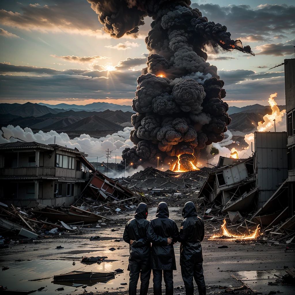 make ultra realistic photo scene set in a future where humanity faces a monumental disaster. The year is 2150, and Earth is struck by an unprecedented cataclysmic event—a series of massive volcanic eruptions that darken the skies with ash, plunging the world into perpetual twilight. The landscape is dominated by towering, ominous volcanic peaks spewing lava and ash into the atmosphere.
In the foreground, depict a group of survivors navigating through a desolate cityscape choked with volcanic debris. Buildings are half-buried under layers of ash, their windows shattered, and streets cracked with molten rock. The air is thick with toxic gases, making every breath a struggle.
Among the survivors, show a diverse group of people: scientists in makeshift hazmat suits monitoring the environment, children clutching their parents' hands in fear, and elderly individuals huddled together for warmth. Their expressions convey a mix of determination and despair as they search for food and clean water amidst the devastation.
In the distance, hint at remnants of advanced technology now rendered useless by the disaster—abandoned hovercrafts, broken solar panels, and communication devices covered in ash. The once bustling city skyline now lies in ruins, with jagged silhouettes of skyscrapers against a darkened sky illuminated by distant eruptions.
The scene should evoke a sense of both the resilience and fragility of humanity in the face of natural disasters, highlighting the contrast between the remnants of advanced civilization and the harsh, unforgiving forces of nature reclaiming the Earth.