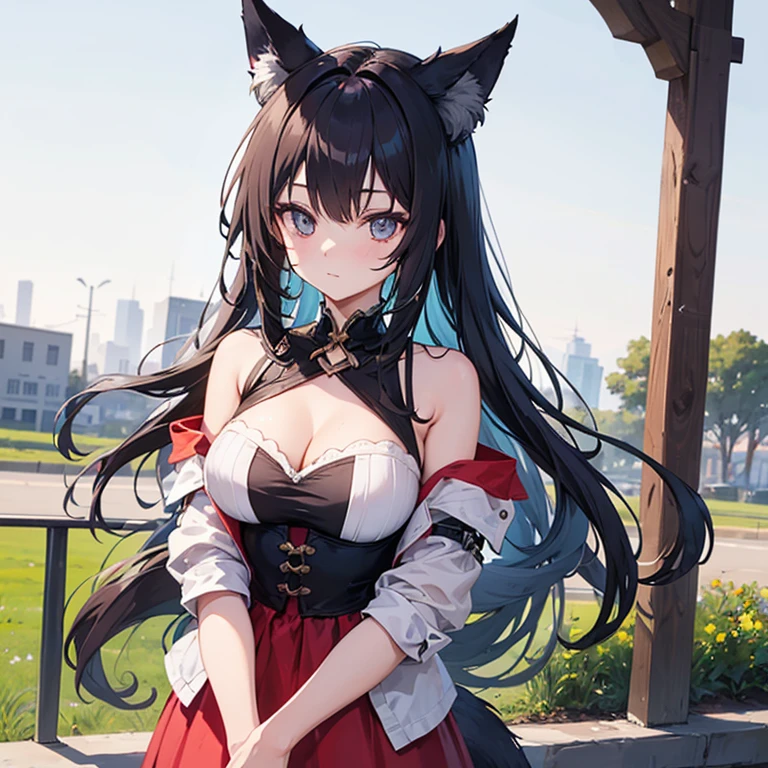 One Girl, Fox Girl, Fox's Tail, Nine-Tailed Fox,Fox Ears, Black colored hair, Fox Makeup,One Girl, Kimono with open chest, Body size is 100-70-90!, Nice body, Avatar, face, Open chest, lewd face, Dominant representation, naughty face, Big Breasts, Emphasize cleavage,Show bare skin, Skin is visible, With legs apart, Show off your thighs, M-shaped legs, A beautifully patterned kimono,Red and black flowing water pattern kimono, I can see her cleavage, Muscular, Uplifting, Abdominal muscles, Exposed skin, Long Hair, Skin Texture, Soft breasts, Large Breasts, Standing in a grassy field, outside, Blue sky,Composition facing directly ahead, Grab your breasts with both hands, Fingers digging into breasts, Developmental atmosphere, god秘的な絵, god々Cool atmosphere