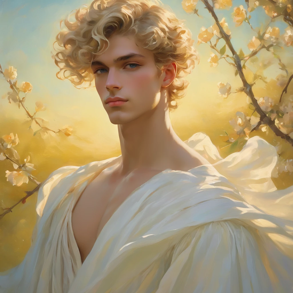 candid an photo of prince charming, 23 year old male supermodel, attractive and exotic, short curly blonde hair, a masculine appearance with slender smooth body, delicate and symmetrical face, natural olive skin tone, pose in a graceful contrapposto stance, inspired by inspired by Irises by Vincent Van Gogh 1889, he is wrapped in classical drapery sheer pastel color fabric, with flowing dramatically in the strong wind, some fabric to billow as if caught, The composition include mythological elements, such as a backdrop of a serene with a golden sunrise and nymphs to frame the scene. Illuminate the scene with soft diffused lighting to create a dreamlike, celestial atmosphere, capturing the delicate interplay of light and shadow on his face and body. ((full body shot)), wide-angle lens on a high-resolution DSLR camera to capture the grandeur and intricate details of the setting, while shooting from a dynamic angle to emphasize the model's majestic presence. The overall mood should blend the classical elegance of Botticelli's work with a modern, high-fashion aesthetic, producing an image that feels both timeless and contemporary, adding the Two Cherubs in the sense to balance and harmony the photo, evoke the soft ethereal quality of the Renaissance style, POV, raw photo, ((masterpiece)), ((best quality)), High Resolution, (ultra_realistic), (photorealistic), (NSFW), ((Pay attention to the layer and arrangement of body and surrounding)), ((Pay attention to the body composition)), ((Correct body structure)), ((Correct distance)), romantic atmosphere, lively extremely Gorgeous background,