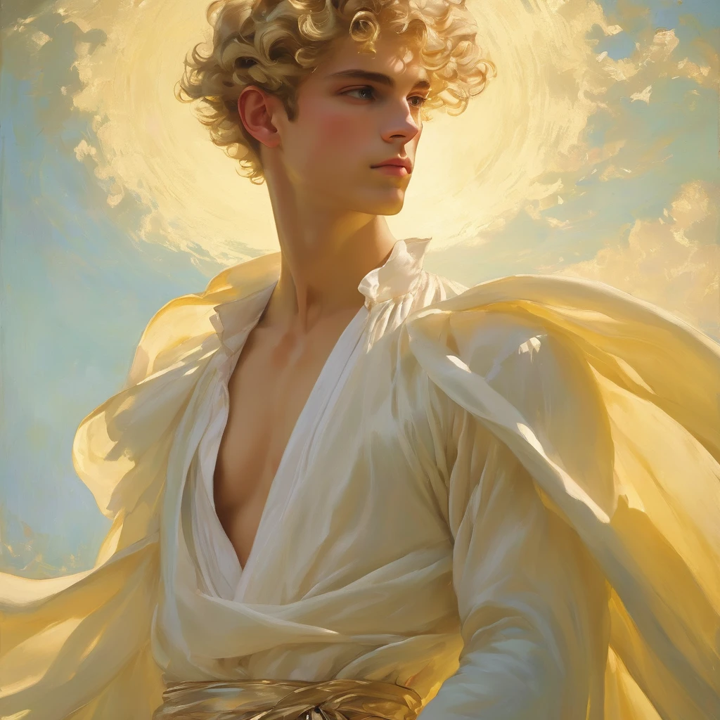 candid an photo of prince charming, 23 year old male supermodel, attractive and exotic, short curly blonde hair, a masculine appearance with slender smooth body, delicate and symmetrical face, natural olive skin tone, pose in a graceful contrapposto stance, inspired by inspired by Irises by Vincent Van Gogh 1889, he is wrapped in classical drapery sheer pastel color fabric, with flowing dramatically in the strong wind, some fabric to billow as if caught, The composition include mythological elements, such as a backdrop of a serene with a golden sunrise and nymphs to frame the scene. Illuminate the scene with soft diffused lighting to create a dreamlike, celestial atmosphere, capturing the delicate interplay of light and shadow on his face and body. ((full body shot)), wide-angle lens on a high-resolution DSLR camera to capture the grandeur and intricate details of the setting, while shooting from a dynamic angle to emphasize the model's majestic presence. The overall mood should blend the classical elegance of Botticelli's work with a modern, high-fashion aesthetic, producing an image that feels both timeless and contemporary, adding the Two Cherubs in the sense to balance and harmony the photo, evoke the soft ethereal quality of the Renaissance style, POV, raw photo, ((masterpiece)), ((best quality)), High Resolution, (ultra_realistic), (photorealistic), (NSFW), ((Pay attention to the layer and arrangement of body and surrounding)), ((Pay attention to the body composition)), ((Correct body structure)), ((Correct distance)), romantic atmosphere, lively extremely Gorgeous background,