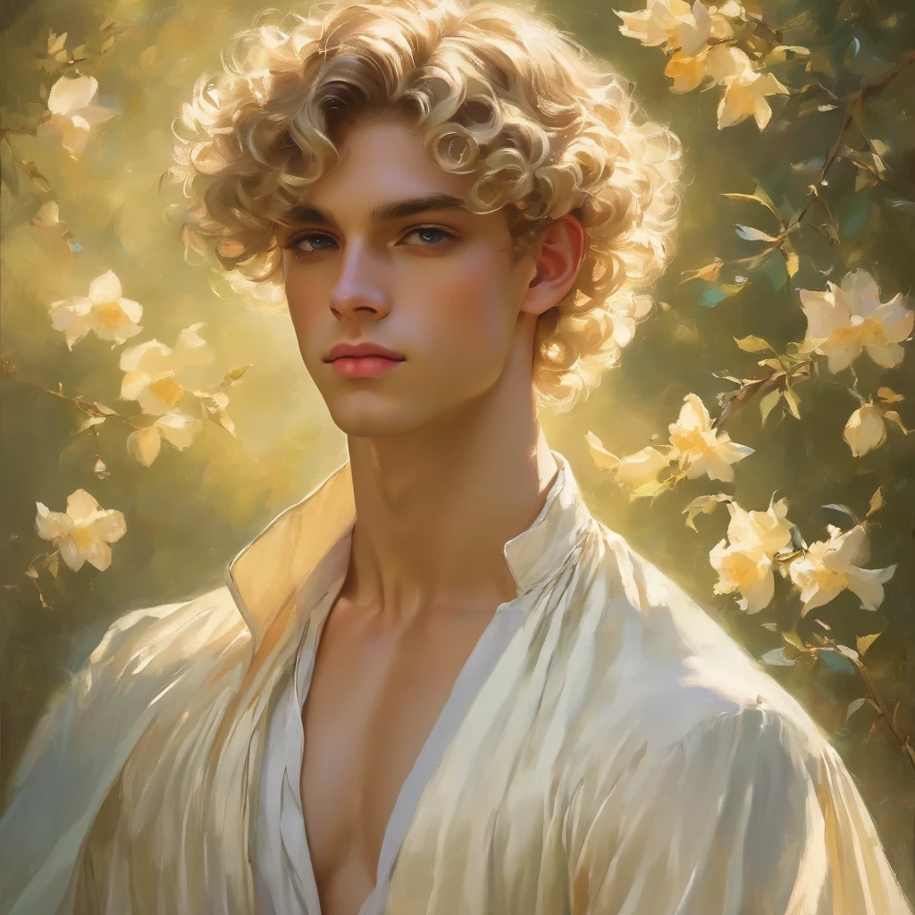 candid an photo of prince charming, 23 year old male supermodel, attractive and exotic, short curly blonde hair, a masculine appearance with slender smooth body, delicate and symmetrical face, natural olive skin tone, pose in a graceful contrapposto stance, inspired by inspired by Irises by Vincent Van Gogh 1889, he is wrapped in classical drapery sheer pastel color fabric, with flowing dramatically in the strong wind, some fabric to billow as if caught, The composition include mythological elements, such as a backdrop of a serene with a golden sunrise and nymphs to frame the scene. Illuminate the scene with soft diffused lighting to create a dreamlike, celestial atmosphere, capturing the delicate interplay of light and shadow on his face and body. ((full body shot)), wide-angle lens on a high-resolution DSLR camera to capture the grandeur and intricate details of the setting, while shooting from a dynamic angle to emphasize the model's majestic presence. The overall mood should blend the classical elegance of Botticelli's work with a modern, high-fashion aesthetic, producing an image that feels both timeless and contemporary, adding the Two Cherubs in the sense to balance and harmony the photo, evoke the soft ethereal quality of the Renaissance style, POV, raw photo, ((masterpiece)), ((best quality)), High Resolution, (ultra_realistic), (photorealistic), (NSFW), ((Pay attention to the layer and arrangement of body and surrounding)), ((Pay attention to the body composition)), ((Correct body structure)), ((Correct distance)), romantic atmosphere, lively extremely Gorgeous background,