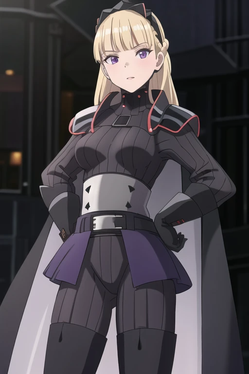 8k,highres,absurdres,masterpiece,best quality,original,extremely detailed CG,extremely detailed wallpaper,perfect lighting,1girl,solo,blurry_background,looking_at_viewer,standing on the stage,
AmSW,long hair,blonde hair,black gloves,purple eyes,black hairband,cape,black bodysuit,medium breasts,braid,blunt bangs,