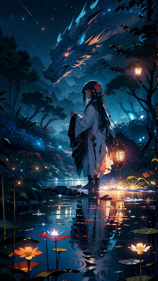 main part, nice, landscape, (((no_Humanos))), night, flower, flower园, Starry Sky, constellation, wonderful, vision, water, Quint, Accompaniment, peaceful, meteor, universe, magic, magic, detailed, fair, ((Piri Lambos))