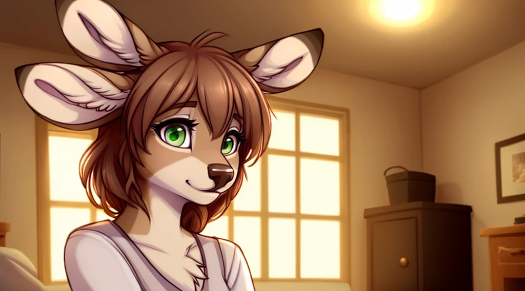 Female deer doe. Home Casual Clothes Cute Face Furry Ears Furry Tail Exquisite Light and Shadow, Best quality at best, exquisite facial features, auburn hair, green eyes. Good ambient light, Ultra-fine fur、Volumetric lights are very detailed,Finest quality furry art