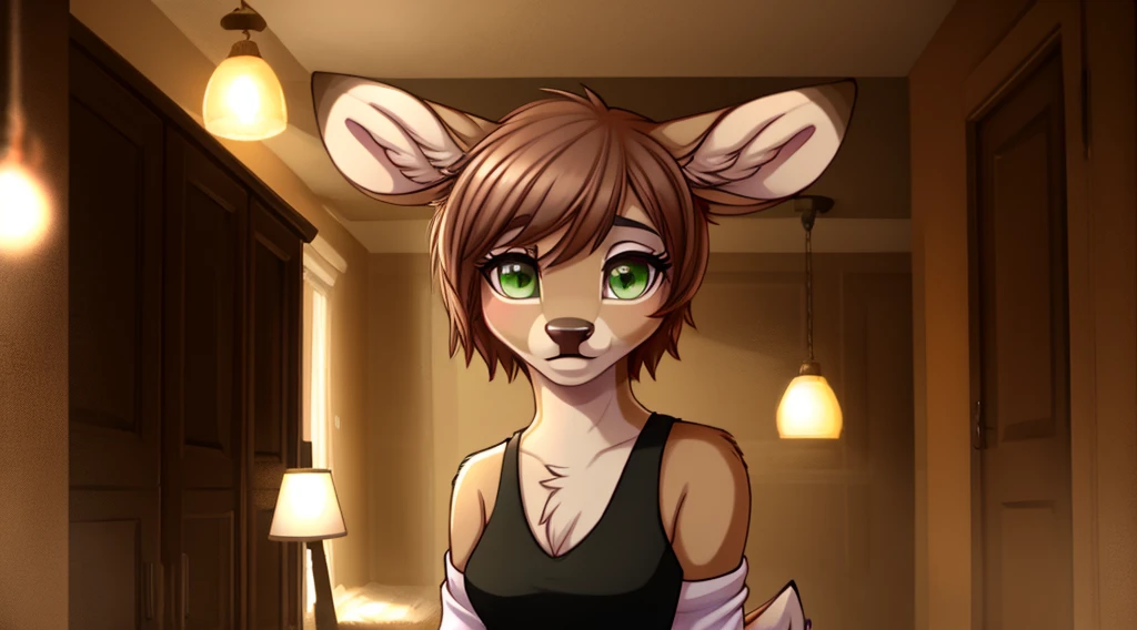 Female deer doe. Home Casual Clothes Cute Face Furry Ears Furry Tail Exquisite Light and Shadow, Best quality at best, exquisite facial features, auburn hair, green eyes. Good ambient light, Ultra-fine fur、Volumetric lights are very detailed,Finest quality furry art