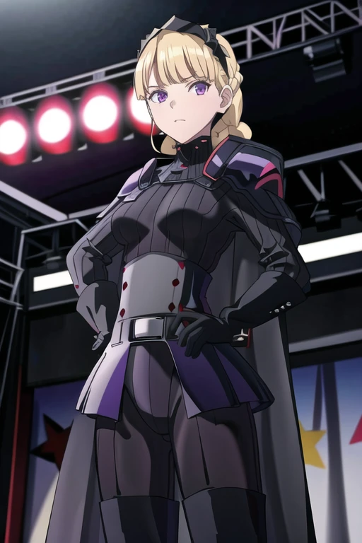 8k,highres,absurdres,masterpiece,best quality,original,extremely detailed CG,extremely detailed wallpaper,perfect lighting,1girl,solo,blurry_background,looking_at_viewer,standing on the stage,
AmSW,long hair,blonde hair,black gloves,purple eyes,black hairband,cape,black bodysuit,medium breasts,braid,blunt bangs,