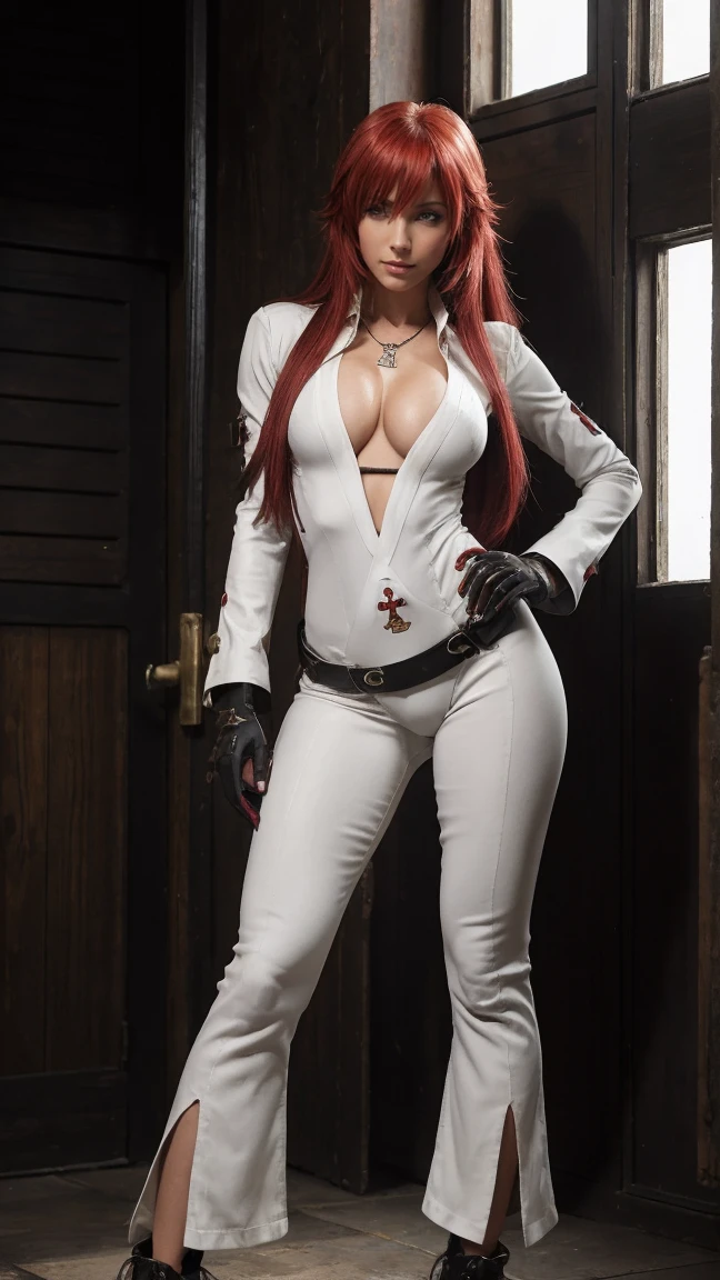 (masterpiece), best quality, expressive eyes, perfect face, solo, breasts, cleavage, full body, red hair, aqua eyes, no bra, collarbone, midriff, navel, slim body, necklace, ankh, belt, black gloves, milf, ankh, white strait bodysuit, compass rose ass visible through thighs, red gloves, standing, strivejacko, Jack-O'Valentine, white bodysuit, visible villain, long hair streak, irish woman, tight, sweating, lipstick, FIGHTEr, guilty gear, boot shoe, skimpy, interrogation, merore, crying