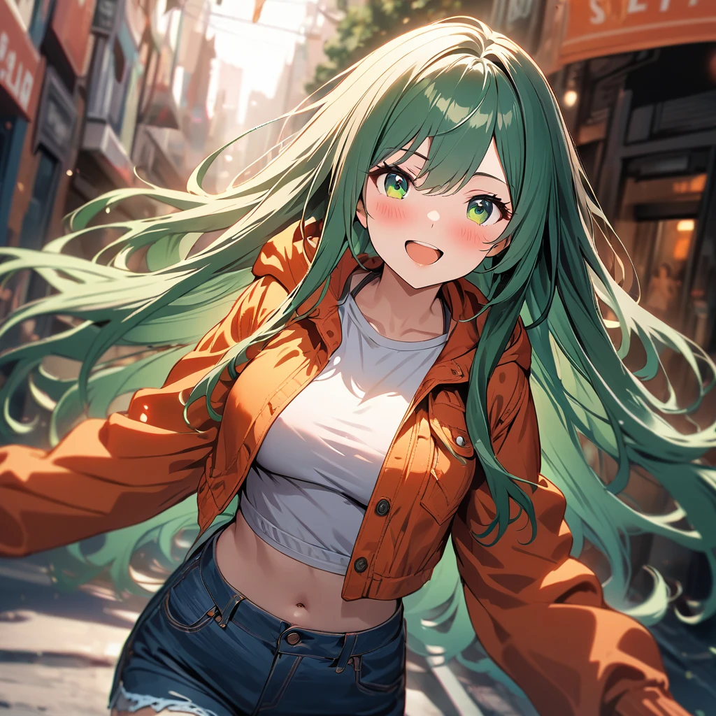 (best quality,detailed (heir|eye),select and generate best screen effect),((1girl,long-deepgreen-hair,green-eyes,orange-hooded-jacket)),super fine illustration,vibrant colors, masterpiece, sharp focus, best quality, depth of field, cinematic lighting,ultra detailed,1girl,solo,denim jacket,white shirt,crop top,midriff,denim shorts,large breasts,long hair,silver hair,red eyes,blush,smile,open mouth,street,
