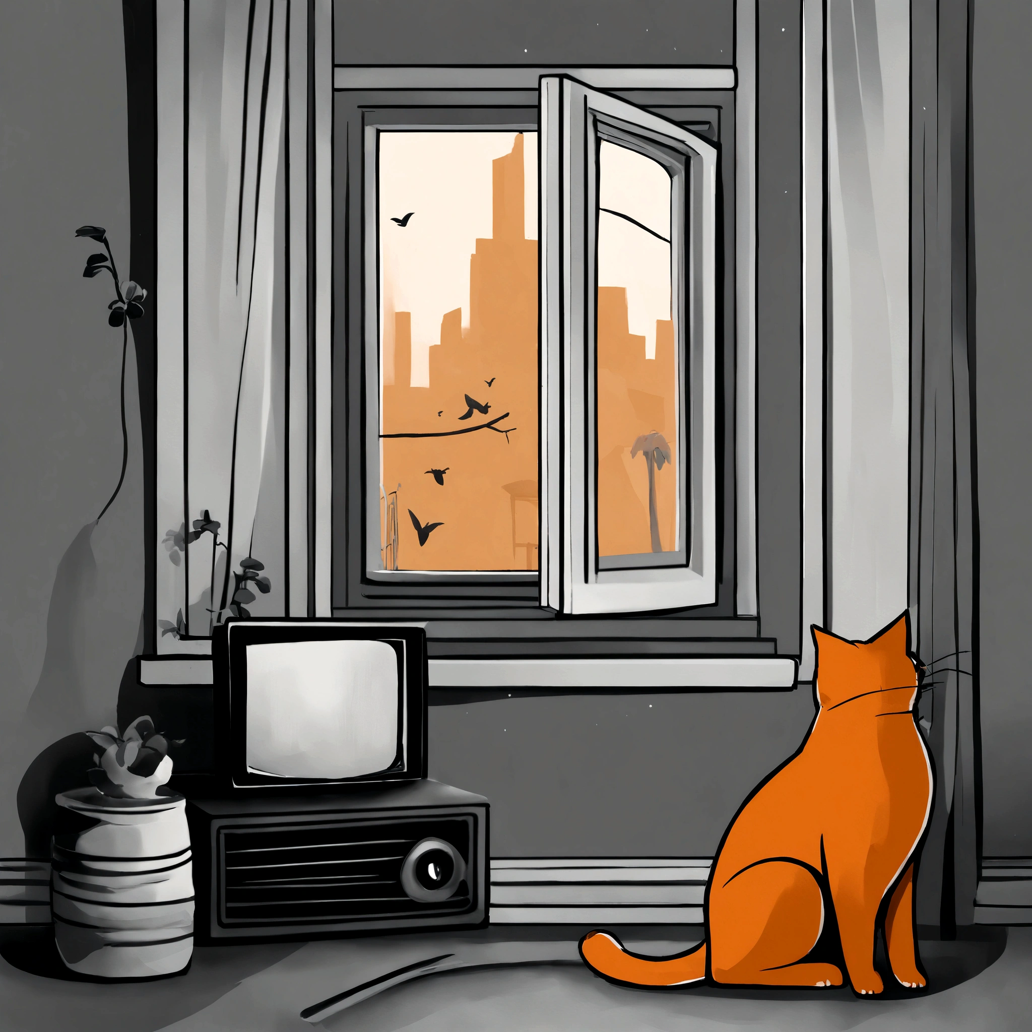 Chico de pelo naranja en habitacion gris estilo lo-fi con instrumentos musicales, gato en la ventana, notas musicales flotando