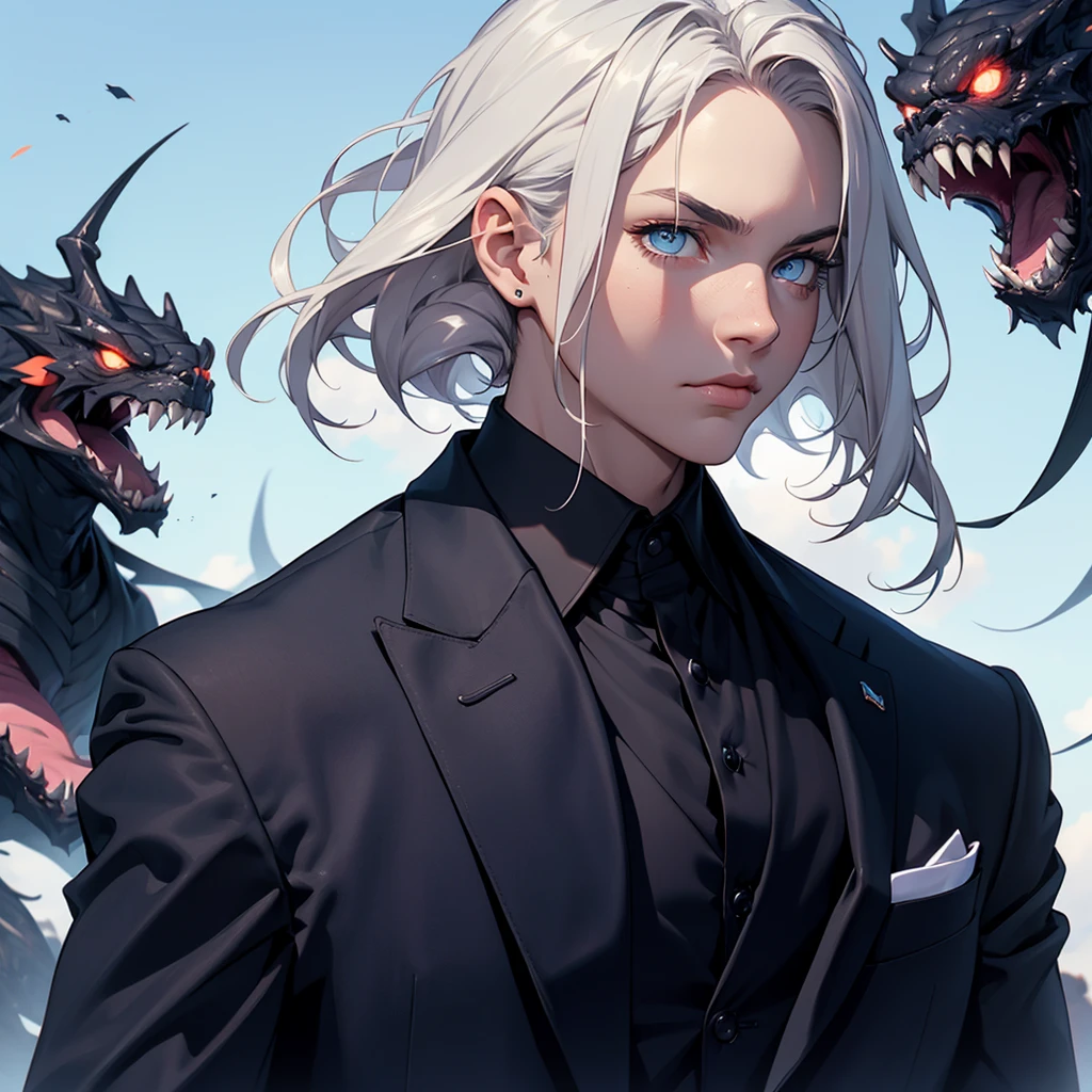 portrait. Half body.look back. A young woman in a suit has his back to the camera. handsome,Dark portrait. 8K quality., Raw Work, (blue sky hair),(blue eyes), (Black suit), (background: These cute monsters)