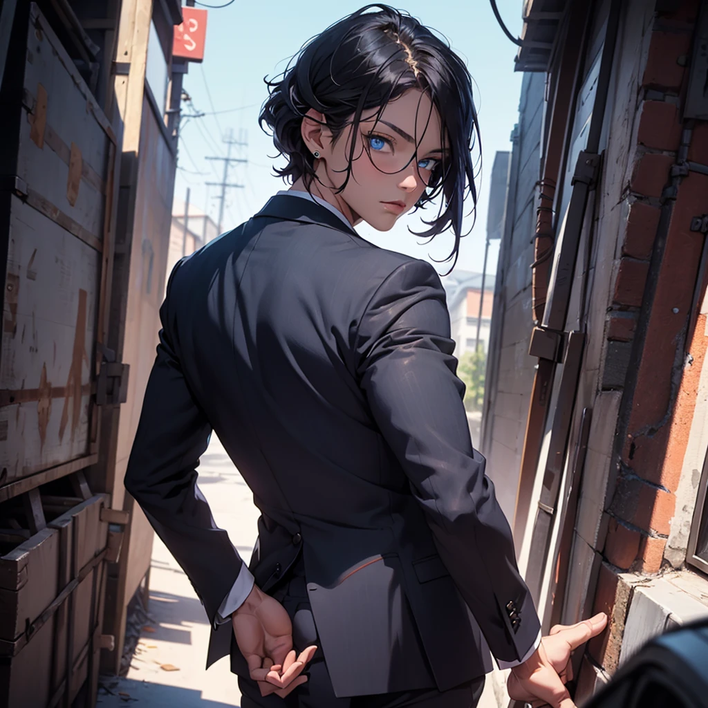 portrait. Half body.look back. A young woman in a suit has his back to the camera. handsome,Dark portrait. 8K quality., Raw Work, (blue sky hair),(blue eyes), (Black suit), (background: These cute monsters)