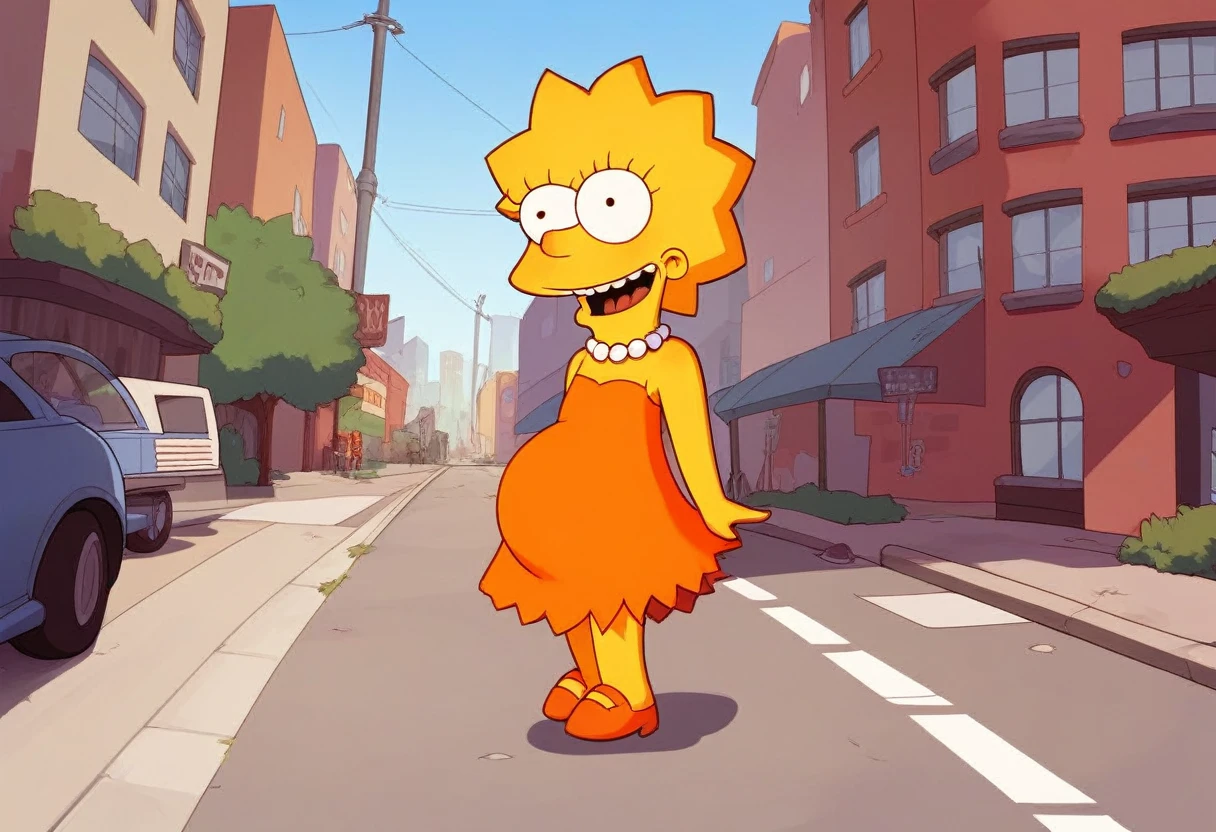 source_cartoon, lisa_simpson, rating_safe, 1girl, short hair, flat chest, orange dress, pearl necklace, happy, standing on a city street, day, outdoors, score_9, score_8_up, score_7_up, score_6_up, score_5_up, score_4_up, hyper-pregnant 