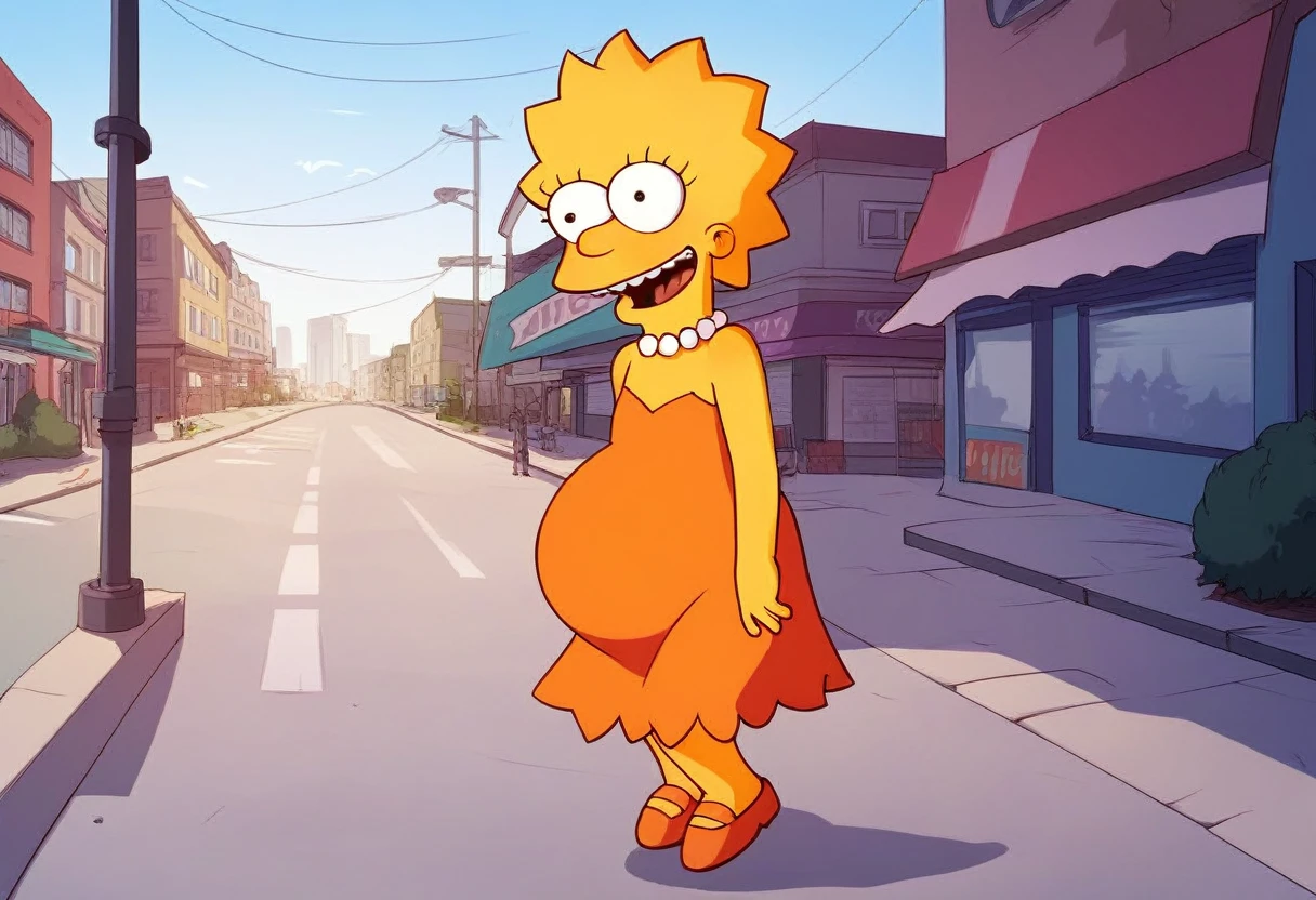 source_cartoon, lisa_simpson, rating_safe, 1girl, short hair, flat chest, orange dress, pearl necklace, happy, standing on a city street, day, outdoors, score_9, score_8_up, score_7_up, score_6_up, score_5_up, score_4_up, hyper-pregnant 