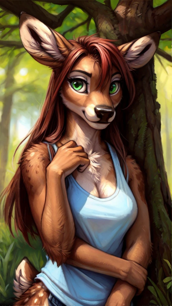 by kenket, by totesfleisch8, (by thebigslick, by silverfox5213:0.8), (by syuro:0.2), by tom_fischbach,, (best quality, masterpiece:1), solo, furry female anthro, green eyes, long hair, reddish brown hair, portrait, fingers, finger claws, looking at viewer, deer, holding a male micro wolf furry in her hands(outdoors dark forest trees blurry blurred background: 1.1), dressed in a white tanktop.