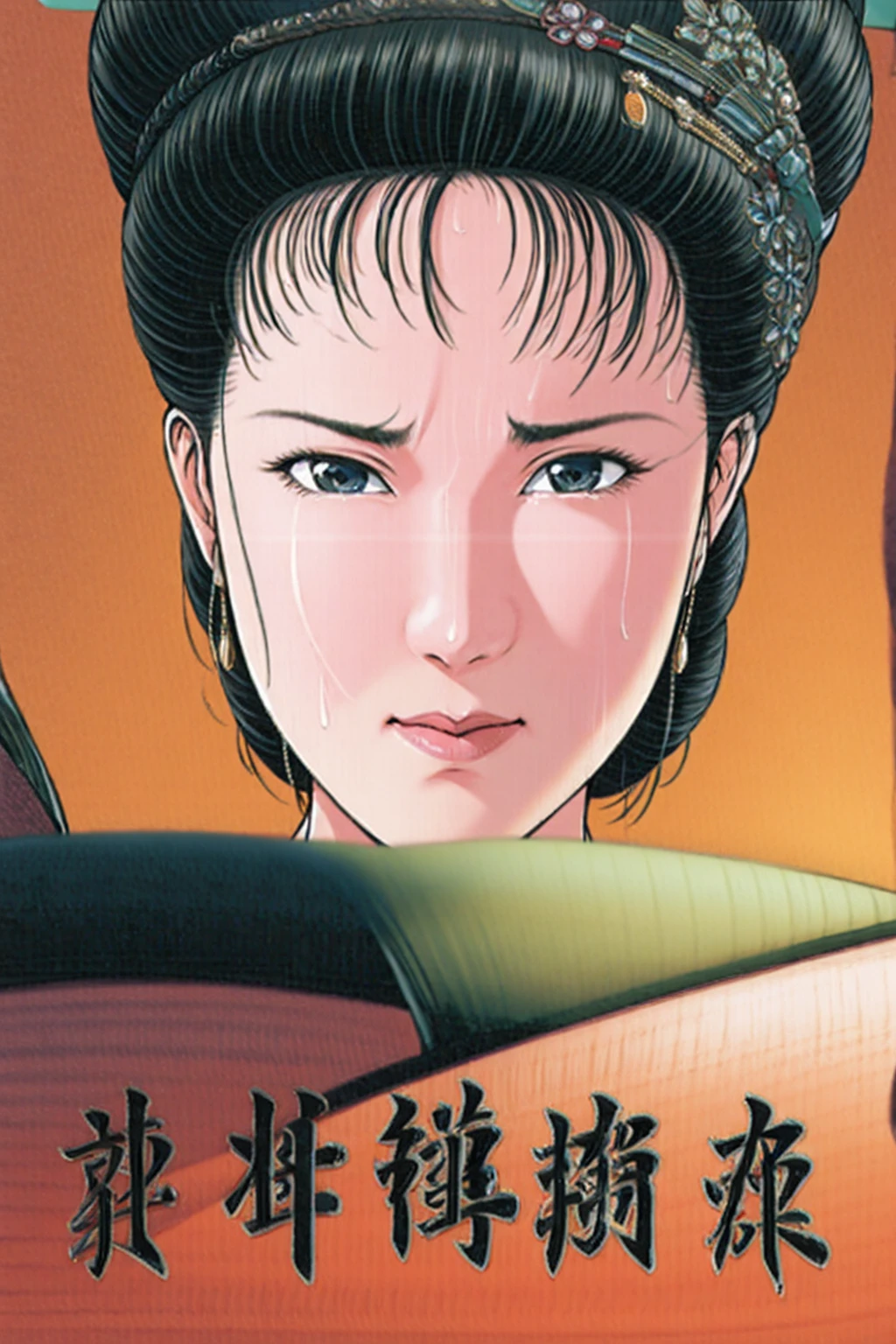 (best quality), (very aesthetic), (ultra-detailed), (best illustration),(a mature female),(perfect face),Suikoden,Mrs. Lin,(((NSFW))),((full_body)),((full_nude)),(crying),Covers mouth with right hand,red cheek,sweating,skinny,flushed skin,(hairly),(Missionary position sex),(resting the back of her head on a pillow),(She is lying face up on chinese traditional bed room),over head view