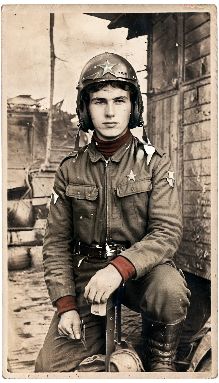 Year 1939, Young man aged 17-18 years , Dark green jacket, red turtleneck, The jacket has a red four-pointed star on the lapel., Always wear a black vest., Wearing light green M35 Harovari pants., Military boots, wearing a soviet pilot helmet.(clamp cap) There is a red star attached to it., Eastern Slavs(Soviet Union), Soviet Union, World War II, ww2 old pictures, ww2 military camp, 8k, Masterpiece, best quality, perfect face,