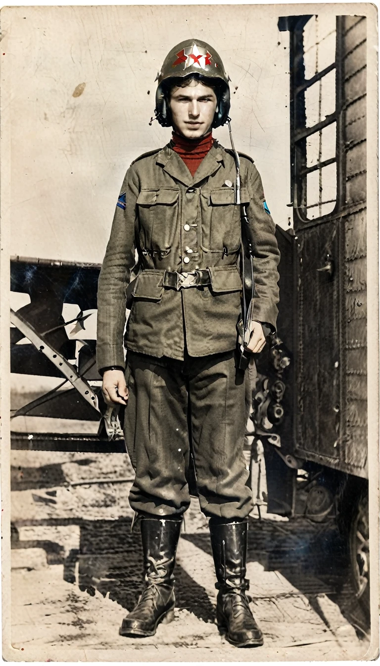 Year 1939, Young man -18 years , Dark green jacket, red turtleneck, The jacket has a red four-pointed star on the lapel., Always wear a black vest., Wearing light green M35 Harovari pants., Military boots, wearing a soviet pilot helmet.(clamp cap) There is a red star attached to it., Eastern Slavs(Soviet Union), Soviet Union, World War II, ww2 old pictures, ww2 military camp, 8k, Masterpiece, best quality, perfect face,