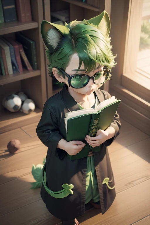 magic使いのboy, green, green, Cane holder, book holder, Cat Familiars, cute, 小さいchild,boy, Anime Style, cute, , 3D, soccer,magic陣,magic