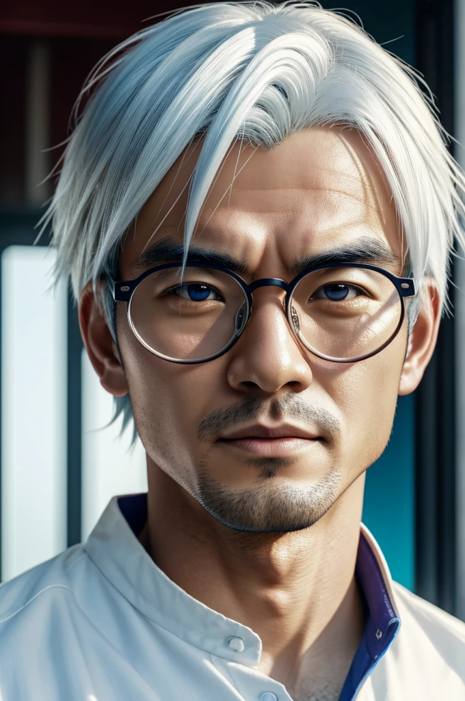 Hyper anime realistic 1920 X 1080 px image of gojo satoru, well saturated, clear, White hair, clear image, circular glasses, proper lighting, detailed, colorful, up close