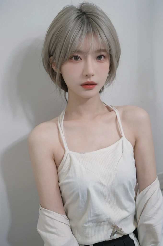 Beautiful woman with perfect figure:1.4，Ultra-high resolution，White background，（lifelike：1.4），Layered Hairstyle，White skin，Bikini:1.5，Super short pleated skirt，whole body，Very delicate face and skin texture，Double eyelids，Skin Whitening，short hair，White hair