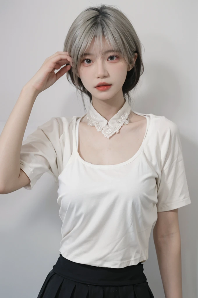 Beautiful woman with perfect figure:1.4,Ultra-high resolution,White background,(lifelike:1.4),Layered Hairstyle,White skin,Bikini:1.5,Super short pleated skirt,whole body,Very delicate face and skin texture,Double eyelids,Skin Whitening,short hair,White hair
