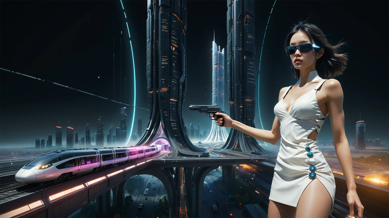 Brightly colored abstract aerial view image of a futuristic railway station with a spiral, a (((((futuristic train))))) passing by, epic beautiful space sci-fi, chaotic cinematic space rift, Greg Beeple, planets colliding, Beeple and Tim Hildebrandt, Beeple and Jean Giraud, end of the universe, galaxy space sci-fi, ringworld, by Mike "Beeple" Winkelmann. Matrix style, (((((Matrix cascading code))))), (((((a futuristic twin tower skyscraper with a unique twisted design))))), (((((OLED GUI interfaces in the building))))), at night, (((((1girl, solo))))), photo realistic, (((large-breast:1.2 slim body, cleavage))), (((off broken mini sling-shirt and black sling bra, extreamly short pleated miniskirt exposing panty))), (((((running pose))))), (((((((matrix style black micro sunglasses))))))), ((((((((((aiming with a short gun)))))))))), (((((looking at camera))))), (((very low view))), (((((half-body thigh level medium shot))))), (((cinematic lighting))).