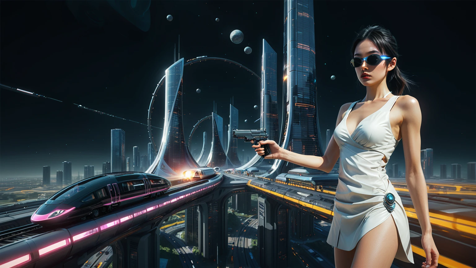 Brightly colored abstract aerial view image of a futuristic railway station with a spiral, a (((((futuristic train))))) passing by, epic beautiful space sci-fi, chaotic cinematic space rift, Greg Beeple, planets colliding, Beeple and Tim Hildebrandt, Beeple and Jean Giraud, end of the universe, galaxy space sci-fi, ringworld, by Mike "Beeple" Winkelmann. Matrix style, (((((Matrix cascading code))))), (((((a futuristic twin tower skyscraper with a unique twisted design))))), (((((OLED GUI interfaces in the building))))), at night, (((((1girl, solo))))), photo realistic, (((large-breast:1.2 slim body, cleavage))), (((off broken mini sling-shirt and black sling bra, extreamly short pleated miniskirt exposing panty))), (((((running pose))))), (((((((matrix style black micro sunglasses))))))), ((((((((((aiming with a short gun)))))))))), (((((looking at camera))))), (((very low view))), (((((half-body thigh level medium shot))))), (((cinematic lighting))).
