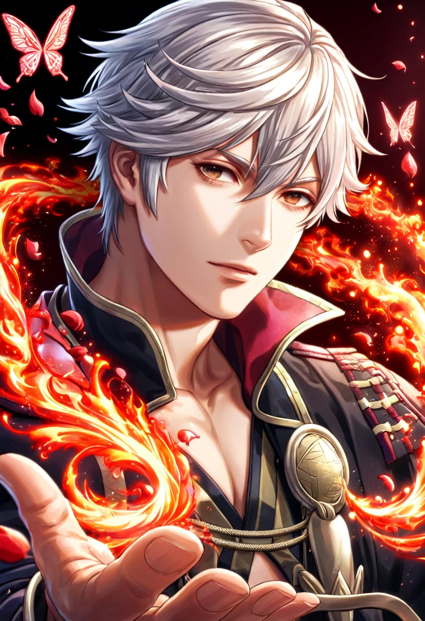 absurdres, highres, ultra detailed, HDR, master piece, best quality, Robin, white hair, expressive brown eyes, fire emblem awakening, solo, sexy man, handsome, black tunic, magical, fantasy, shining, water, red flowers, red blossoms, red butterflies, red petals