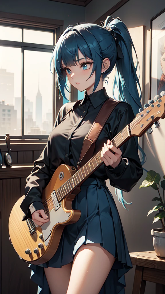 A masterpiece of a young woman, showcasing her unique style and musical talents. In the dimly lit interior, with soft blue accents on the walls, she stands confidently with one leg slightly raised, her electric guitar slung over her shoulder. Her striking features include piercing blue eyes, a double ponytail adorned with teal hair extensions, and a pleated skirt that flows like a dark waterfall down her legs. A black shirt accentuates her toned physique, while headphones wrap around her neck, a symbol of her passion for music. As she plays the guitar, her long hair cascades down her back, a mesmerizing sight as she sings with conviction, the spotlight on her face illuminating her radiant beauty, sitting on a stool