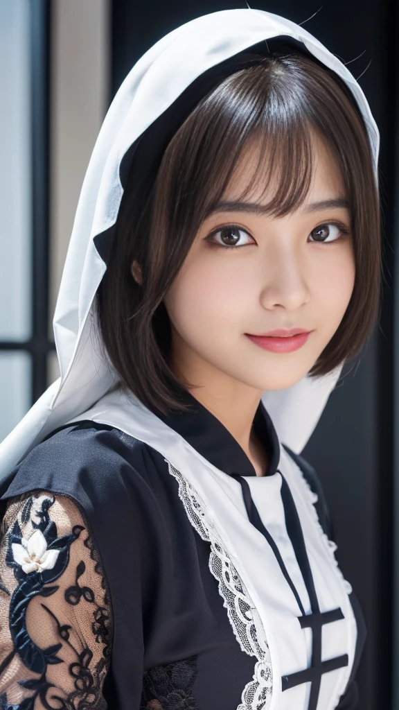 (Orgasm:2.0),(A Ultra cute young Japanese nun:1.75),(she wearing a decorated with lace nun costume slim fit:2.0),(beautiful detailed eyes:2.0),beautiful detailed lips, (extremely detailed cute face:2.0), longeyelashes, (slender woman body and legs:2.0), (beautiful short hair:2.0), (natural makeup,big smile:1.5), incredibly beautiful skin,(professional lighting, bright lighting, photorealistic, 8k, high resolution, best quality, masterpiece, ultra-detailed:1.75), vivid colors, (Moonlit Night:1.5),(The moonlight shines on her face:1.2),(She is in the convent:1.2)