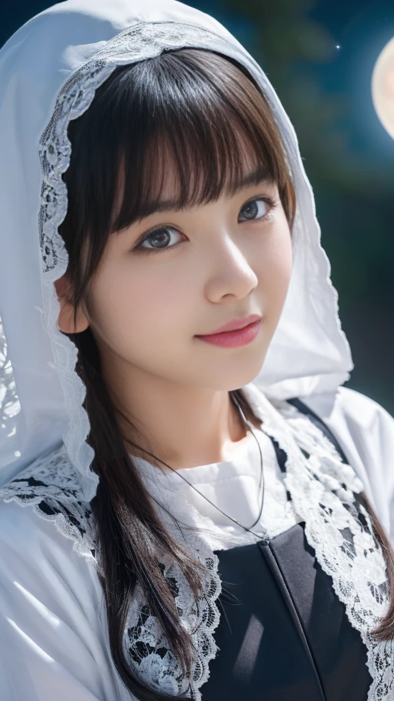 (Orgasm:2.0),(A Ultra cute young Japanese nun:1.75),(she wearing a decorated with lace nun costume slim fit:2.0),(beautiful detailed eyes:2.0),beautiful detailed lips, (extremely detailed cute face:2.0), longeyelashes, (slender woman body and legs:2.0), (beautiful short hair:2.0), (natural makeup,big smile:1.5), incredibly beautiful skin,(professional lighting, bright lighting, photorealistic, 8k, high resolution, best quality, masterpiece, ultra-detailed:1.75), vivid colors, (Moonlit Night:1.5),(The moonlight shines on her face:1.2),(She is in the convent:1.2)