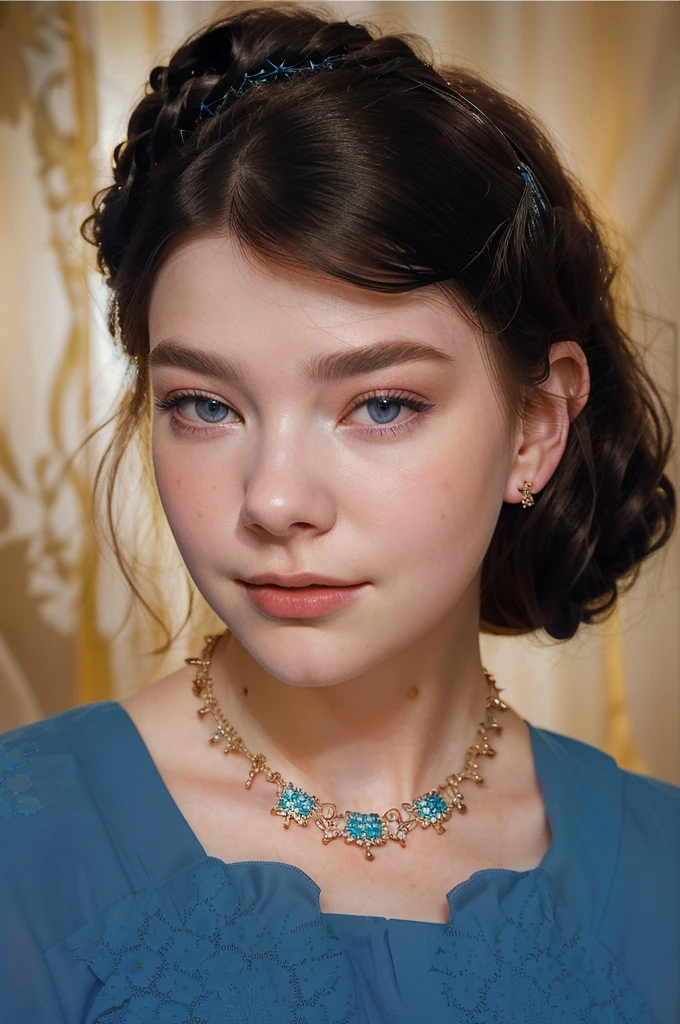 there is a woman with a necklace and a blue dress, photorealistic portrait of bjork, bjork, birch, high quality portrait, three point lighting bjork, anya_taylor-joy, portrait anya taylor-joy, anya taylor - joy, anya taylor-joy, portrait of anya taylor-joy, beautiful portrait, anya taylor joy