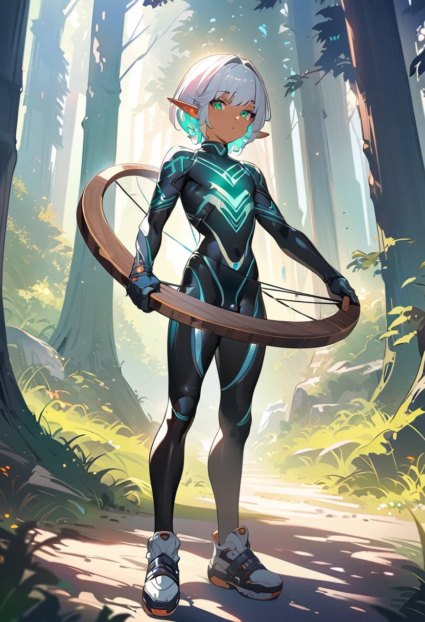 1boy, trap, wood elf, short white hair, green eyes, full lips, dark skin, white tribal tattoos, flat chest, black latex bodysuit, crotch bulge, holding a bow, fantasy background, textured skin, UHD, UHD, UHD, UHD, award winning, high details, incredible high-key lighting and shadows, masterpiece, incredible illustration (anime style:1.5), modernism art, digital art pastel style, forest background