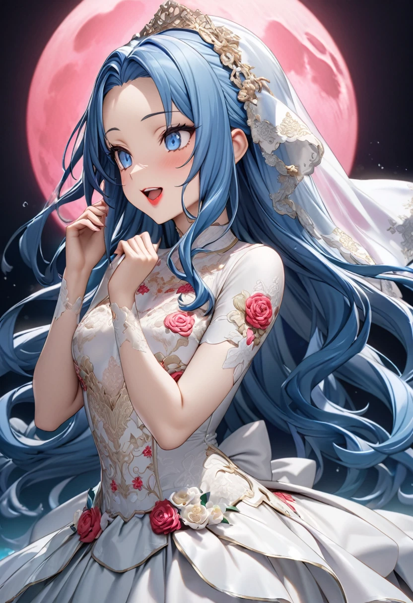 nendoroid:2, (profile:2 close-up face), ((15 yo)), (solo:2 forehead blue hair long hair cute bride girl, lovely blue eyes, ecstasy:1.4 smile), break, (((make-up))) ((red lips)), (open mouth), (in a detailed Blue Rose Embroidery silk:1.5 white wedding dress, silk veil), break, (in the open ocean view beach), (background detailed biggest pink moon), BREAK, perfect anatomy, masterpiece, best quality, 16k, beautiful detailed grow, daydreaming expression.