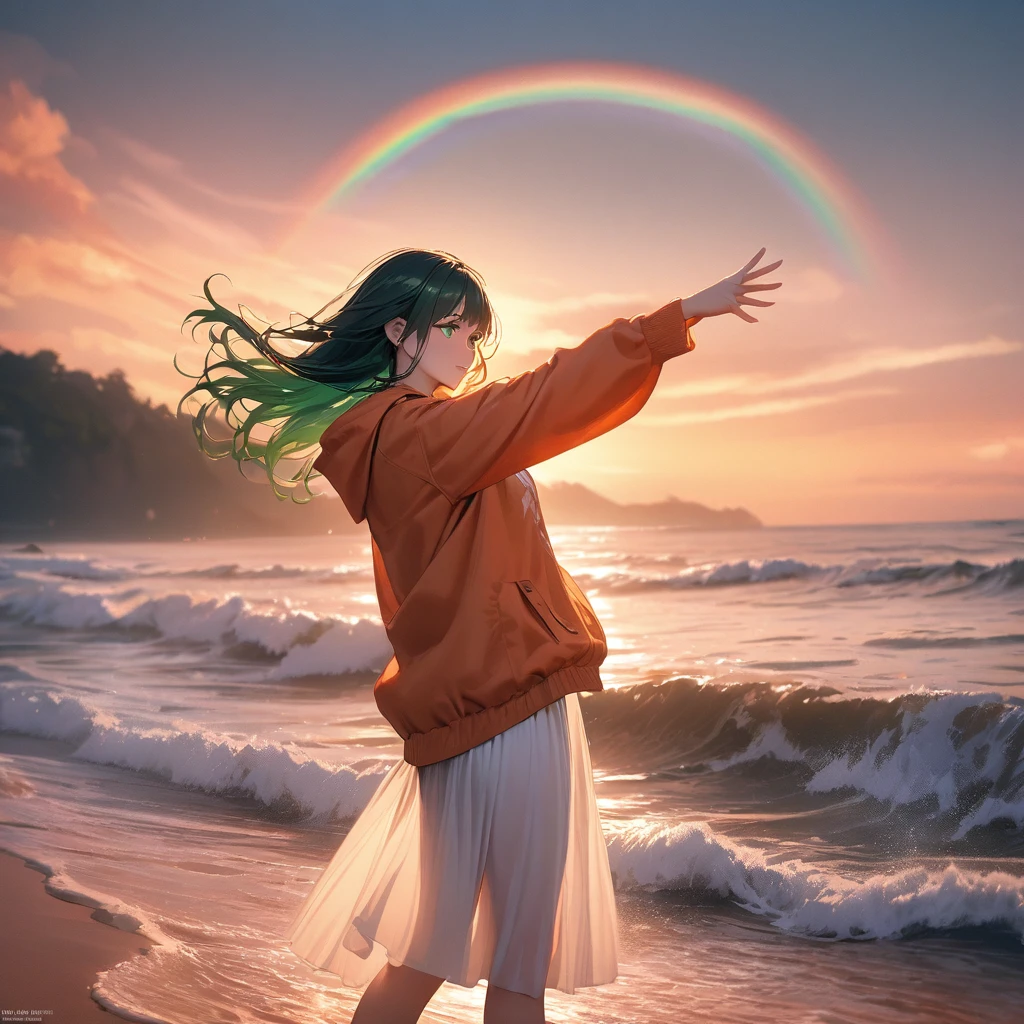 (best quality,detailed (heir|eye),select and generate best screen effect),((1girl,long-deepgreen-hair,green-eyes,orange-hooded-jacket)),Beautiful sunset sea, calm waves, shining waves, ((big rainbow)), colorful, a girl standing on the beach, beautiful features, shining eyes, long black hair, swaying in the wind, dancing like dancing, ((masterpiece)), ((highest quality 16k)), ((detailed and delicate)), ((photorealistic)), ((fantastic background)),