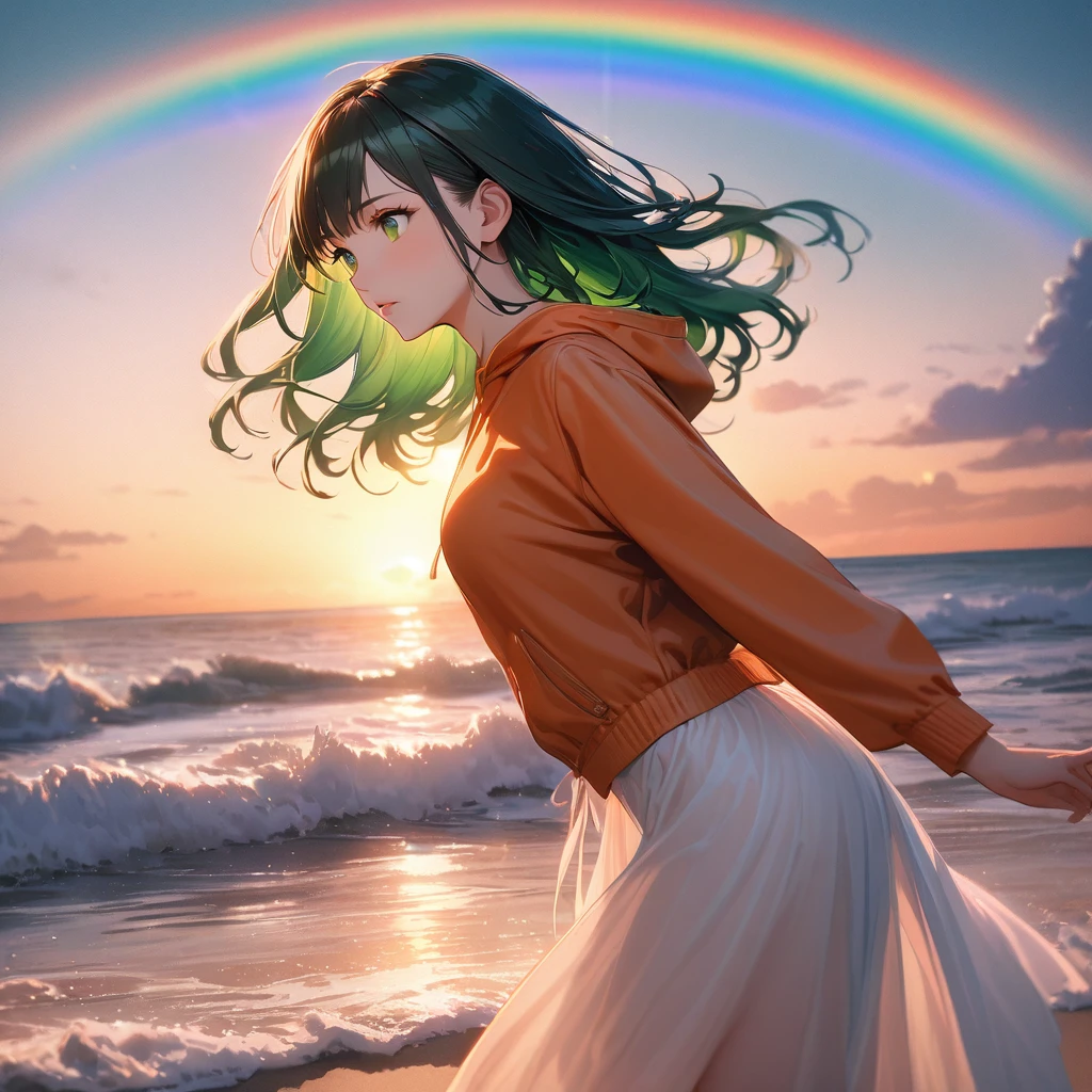 (best quality,detailed (heir|eye),select and generate best screen effect),((1girl,long-deepgreen-hair,green-eyes,orange-hooded-jacket)),Beautiful sunset sea, calm waves, shining waves, ((big rainbow)), colorful, a girl standing on the beach, beautiful features, shining eyes, long black hair, swaying in the wind, dancing like dancing, ((masterpiece)), ((highest quality 16k)), ((detailed and delicate)), ((photorealistic)), ((fantastic background)),