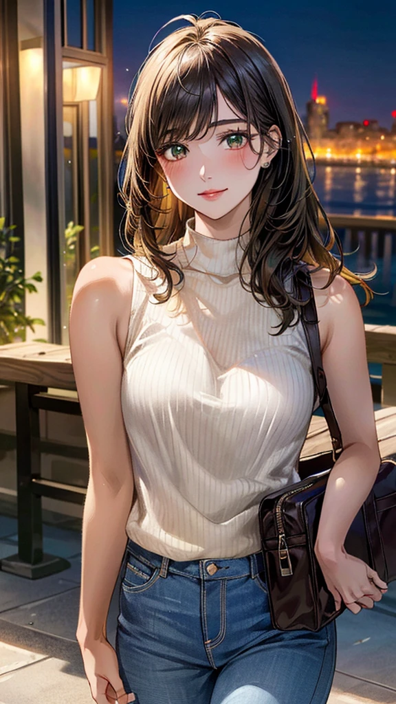 (masterpiece:1.3, Highest quality, Ultra-high resolution, Super detailed), (Realistic, photoRealistic:1.4), Beautiful illustrations, Perfect lighting, Natural light, colorful, Depth of written boundary, ,
Beautiful detailed hair, Beautifully detailed face, Beautiful attention to detail, Beautiful clavicle, Beautiful body, Beautiful breasts, Beautiful thighs, Beautiful feet, Beautiful fingers, Shiny skin, 
View your viewers, 1 Girl, high school girl, Baseball Cosplay, (Perfect Anatomy, Anatomically correct, Highly detailed skin), Cute and symmetrical face, Baby Face, Perfect Face, Perfect Eyes, , 
(Long Hair:1.5, Low pony rail:1.2, Sideburns:1.5, Amber Hair), Swept-apart bangs, Emerald green eyes, Big eyes, Long eyelashes, (Medium chest, Captivating thighs), Skin gingiva, 
(Detailed cloth texture, Sleeveless high neck sweater in white:1.1, Skinny jeans), One-shoulder beige bag, 
(Beautiful views), summer, night, (Cityscape:1.2), walking, (Cute smile, Upward glance, Part your lips), 