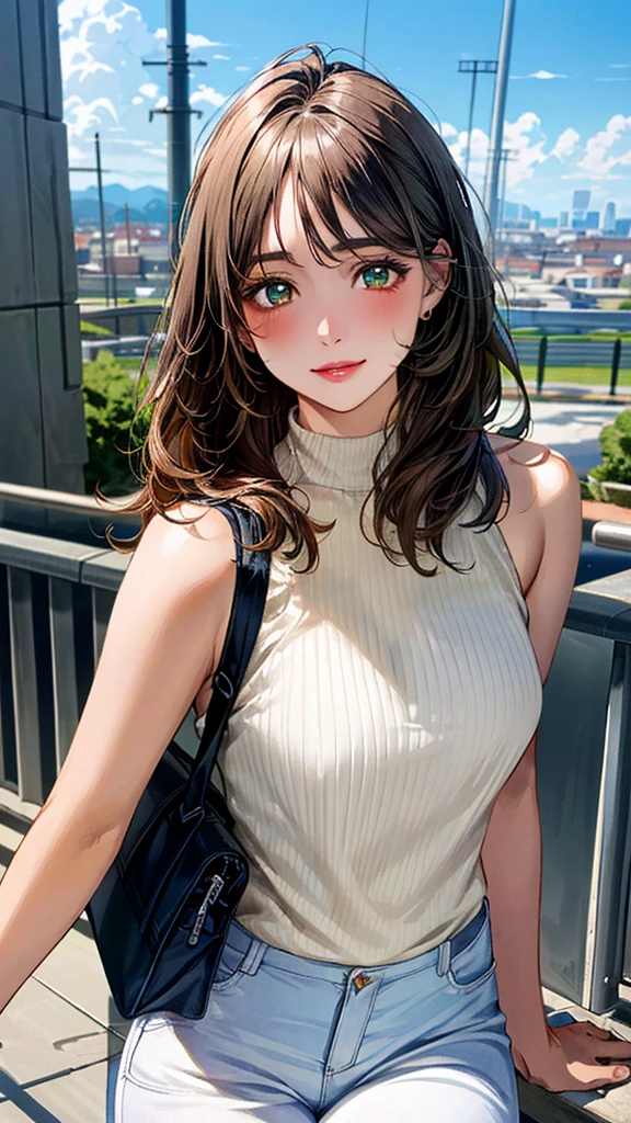 (masterpiece:1.3, Highest quality, Ultra-high resolution, Super detailed), (Realistic, photoRealistic:1.4), Beautiful illustrations, Perfect lighting, Natural light, colorful, Depth of written boundary, ,
Beautiful detailed hair, Beautifully detailed face, Beautiful attention to detail, Beautiful clavicle, Beautiful body, Beautiful breasts, Beautiful thighs, Beautiful feet, Beautiful fingers, Shiny skin,
View your viewers, 1 Girl, high school girl, Baseball Cosplay, (Perfect Anatomy, Anatomically correct, Highly detailed skin), Cute and symmetrical face, Baby Face, Perfect Face, Perfect Eyes, ,
(Long Hair:1.5, Low pony rail:1.2, Sideburns:1.5, Amber Hair), Swept-apart bangs, Emerald green eyes, Big eyes, Long eyelashes, (Medium chest, Captivating thighs), Skin gingiva,
(Detailed cloth texture, Sleeveless high neck sweater in white:1.1, Skinny jeans), One-shoulder beige bag,
(Beautiful views), summer, night, (Cityscape:1.2), walking, (Cute smile, Upward glance, Part your lips),
